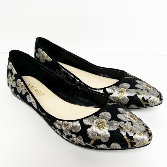Nine West Black Silver Gold Floral Pointed Toe Ballet Flats Women’s Size 6 - Picture 1 of 14